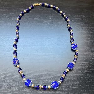 Vintage Gorgeous blue and gold glass bead and gold tone beads necklace